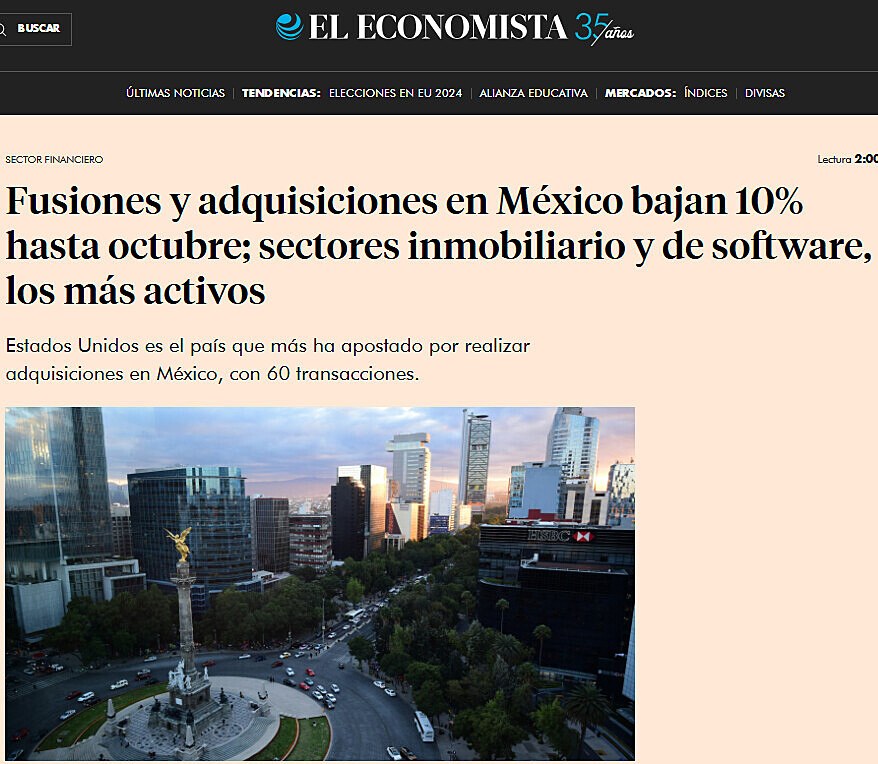 Fusiones y adquisiciones en Mxico bajan 10% hasta octubre; sectores inmobiliario y de software, los ms activos